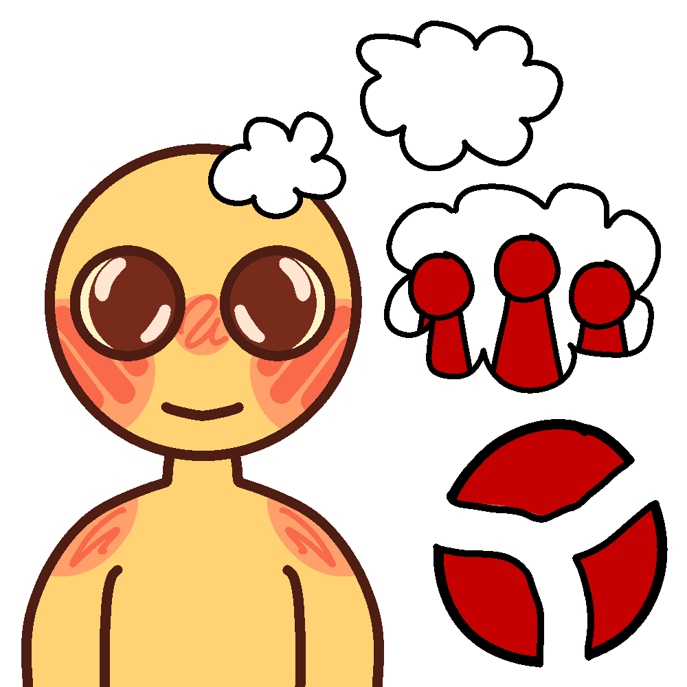 A basic yellow emoji-figure with big brown eyes and red-blush effects on their cheeks and shoulders stare a the camera. They have a thought bubble showing that they are thinking of their system, which are represented by red figures. Beneath the thought bubble, there's a red circle cut into three pieces 